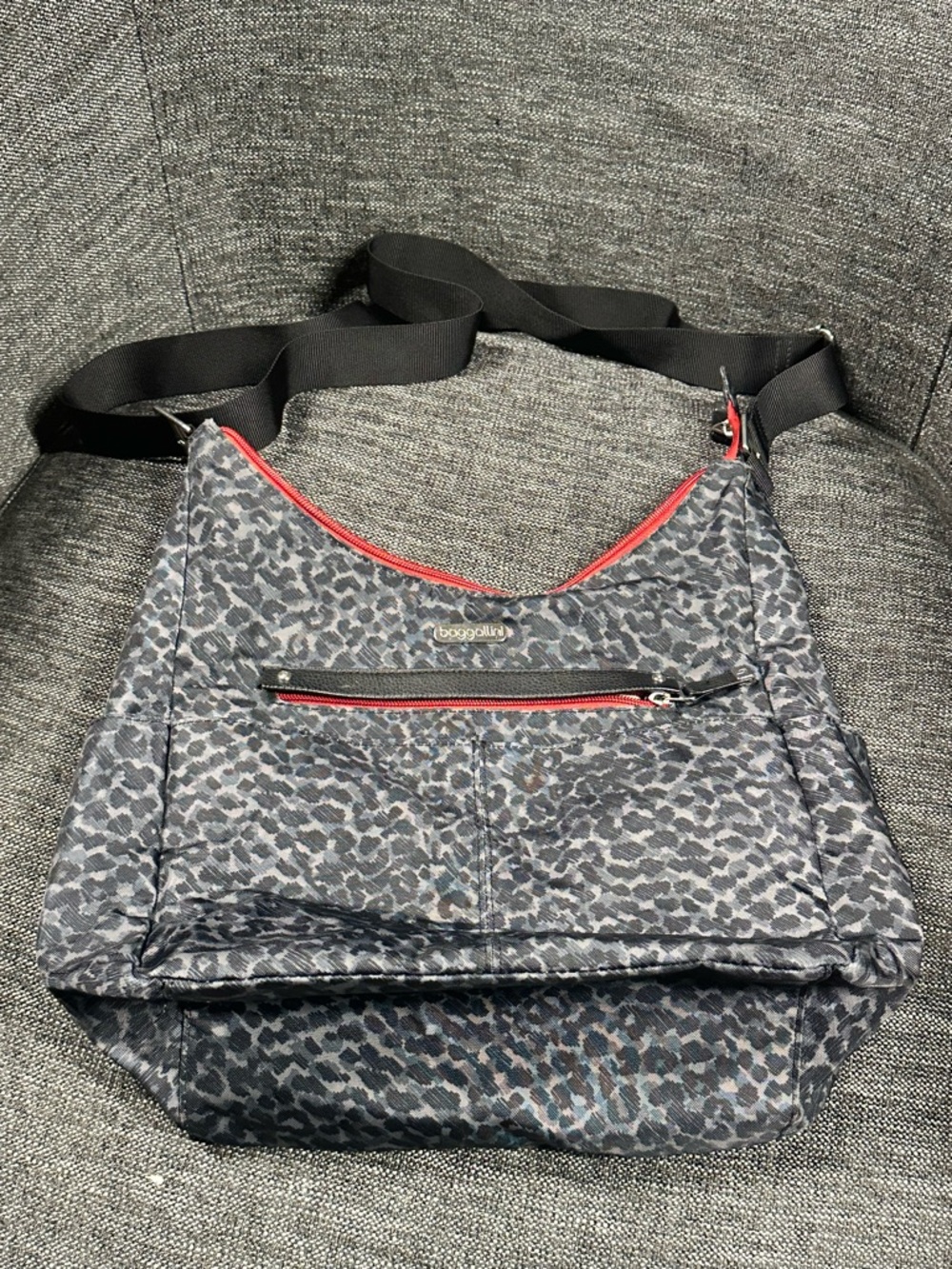 Baggallini Gray Leopard Crossbody with Red Trim